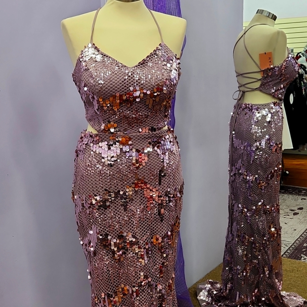Nadia Backless Sequin Dress in Pink and Silver